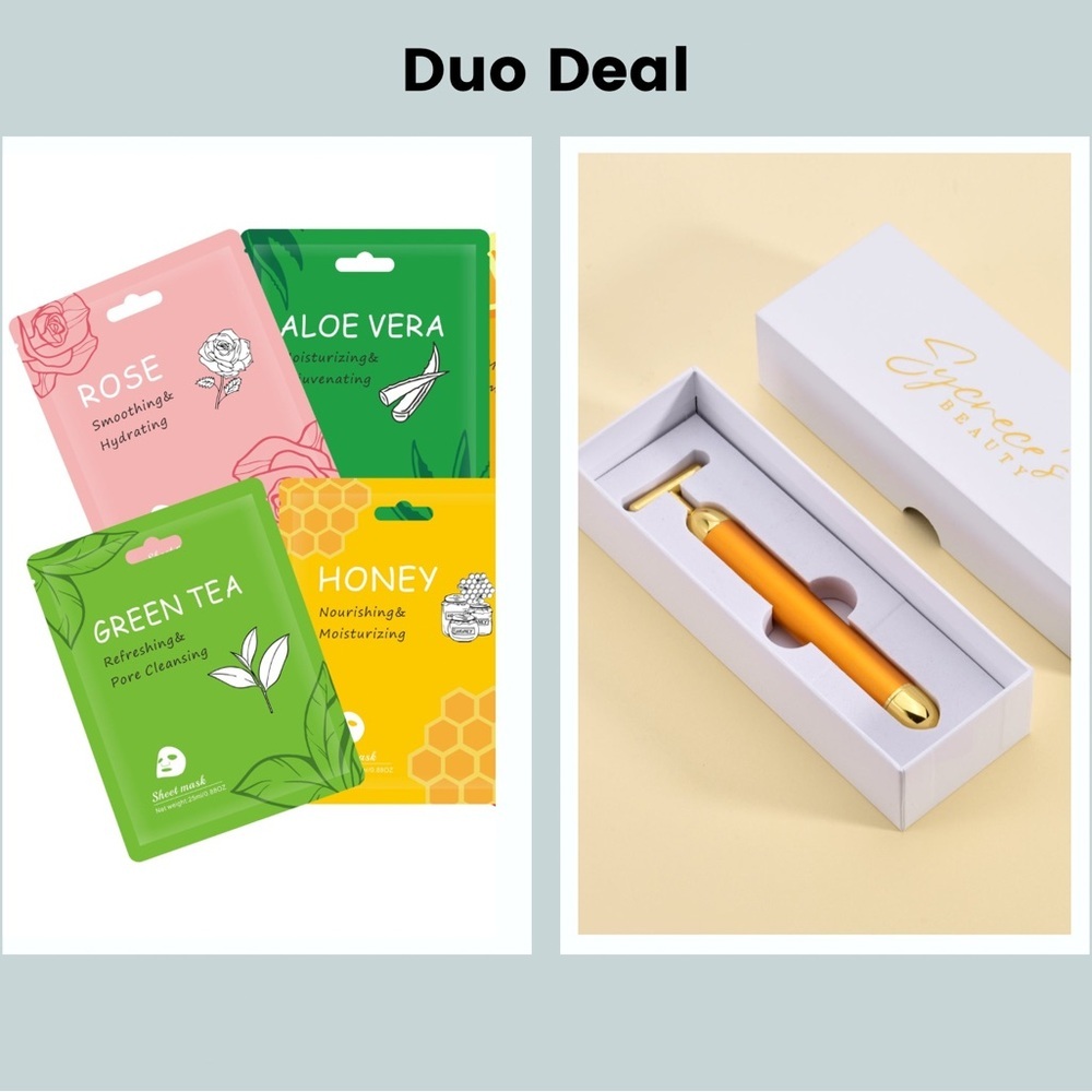 Gold Energy Vibrating Beauty Facial T-Bar Massage Roller and 12 Sheet Masks